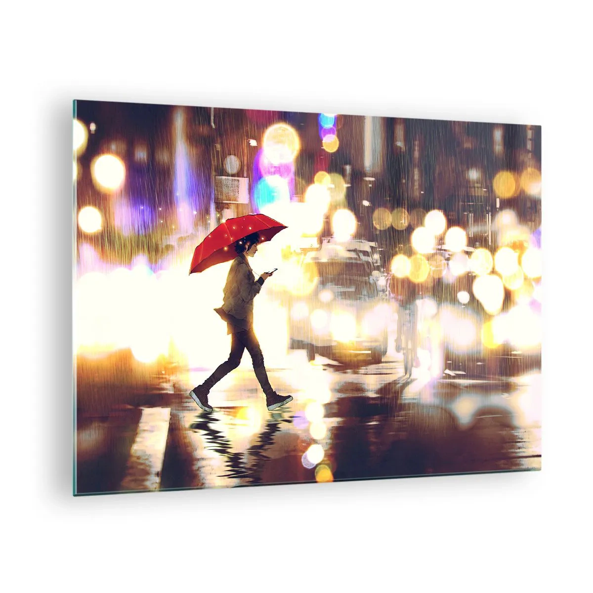 Obraz na skle - Postava s červeným dáždnikom na daždivej ulici v noci - 70x50cm - A predsa slnečná - Moderná nástenná dekorácia do obývacej izby a spálne ARTTOR