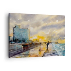 Obraz na plátne - Malebný výhľad na prímorskú promenádu pri západe slnka - 70x50cm - Život na pobreží - Moderná nástenná dekorácia do obývacej izby a spálne ARTTOR