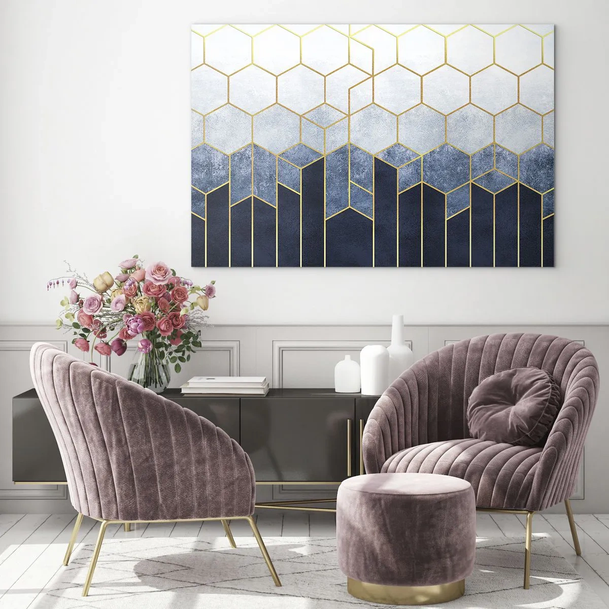 Obraz na skle - Geometrický vzor v zlatej a tmavomodrej farbe - 70x50cm - Kompozícia v synkopickom rytme - Moderná nástenná dekorácia do obývacej izby a spálne ARTTOR