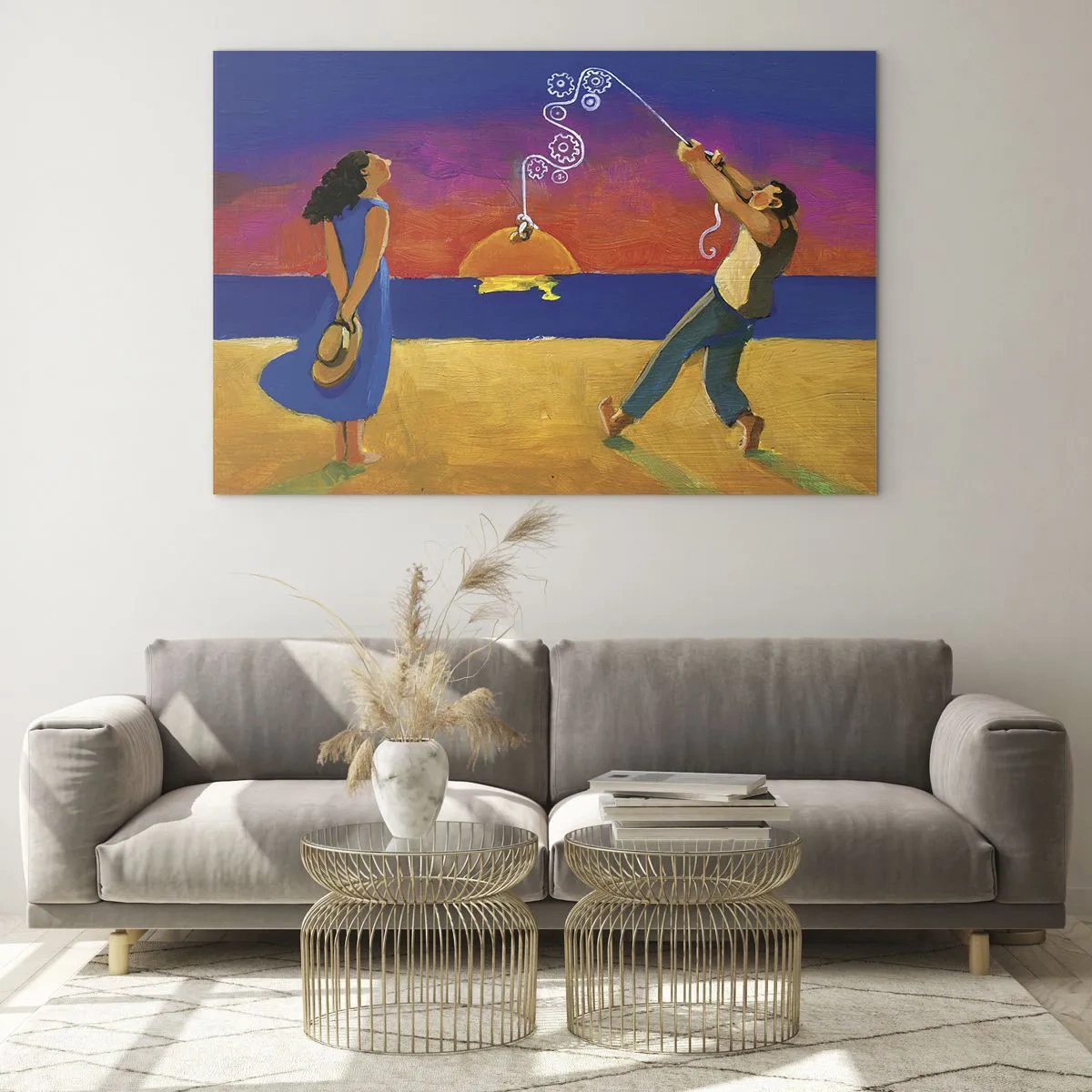 Obraz na skle - Farebný abstrakt páru na pláži pri západe slnka - 70x50cm - Viac ako hviezda z neba - Moderná nástenná dekorácia do obývacej izby a spálne ARTTOR