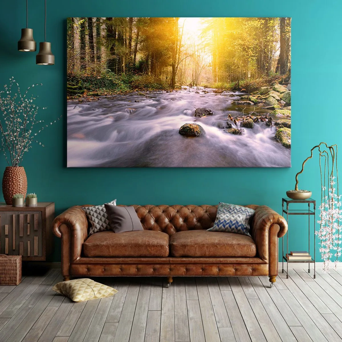 Obraz na plátne - Lesný potok osvetlený slnečnými lúčmi - 70x50cm - Malachit v strieborno-zlatej podobe - Moderná nástenná dekorácia do obývacej izby a spálne ARTTOR
