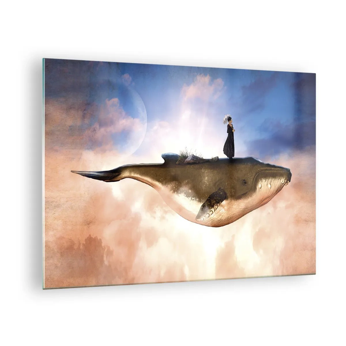 Obraz na skle - Fantastická veľryba vznášajúca sa v oblakoch so ženou na chrbte. - 70x50cm - Surrealistická cesta - Moderná nástenná dekorácia do obývacej izby a spálne ARTTOR