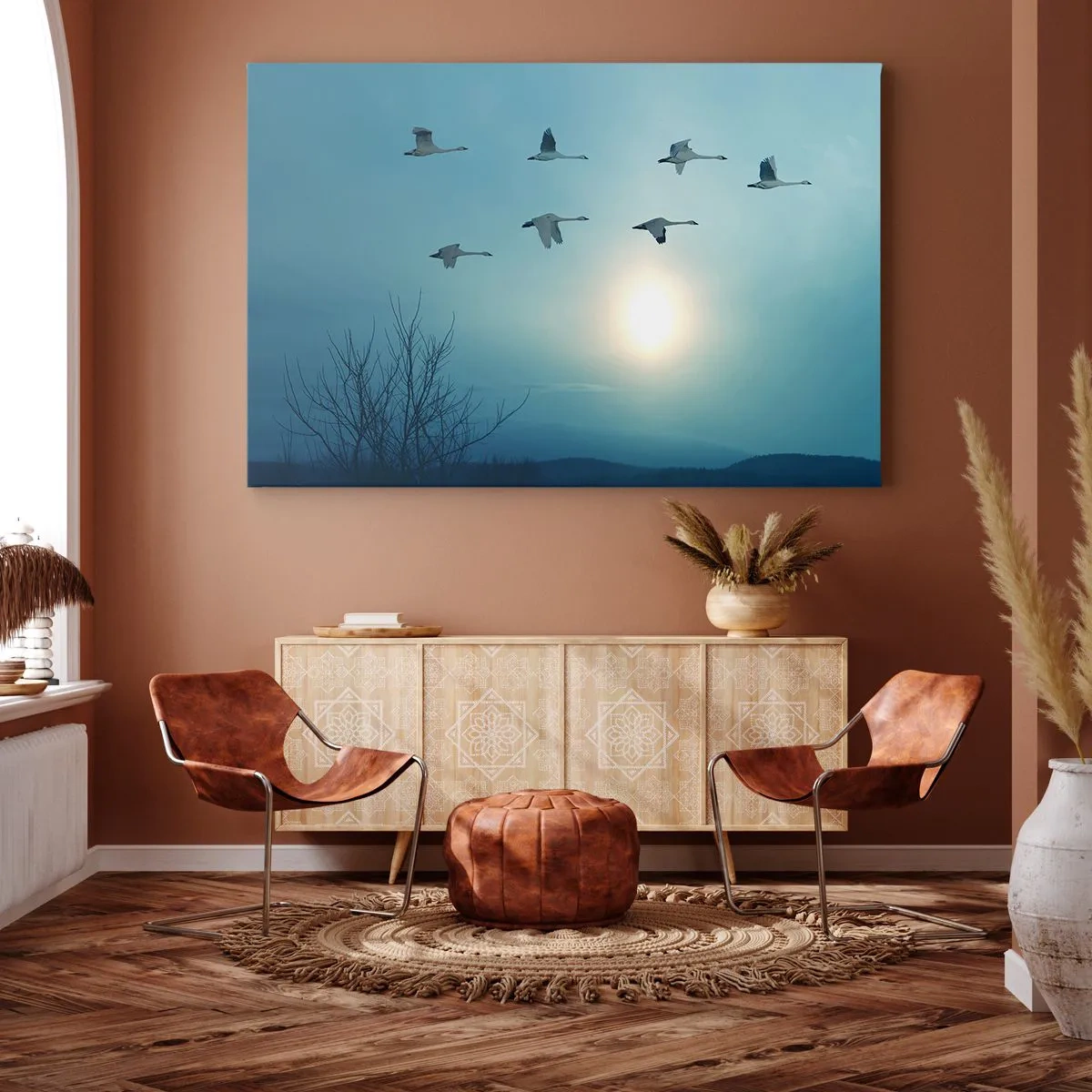 Obraz na plátne - Lietajúce labute ráno - 70x50cm - Zbohom leto na rok - Moderná nástenná dekorácia do obývacej izby a spálne ARTTOR