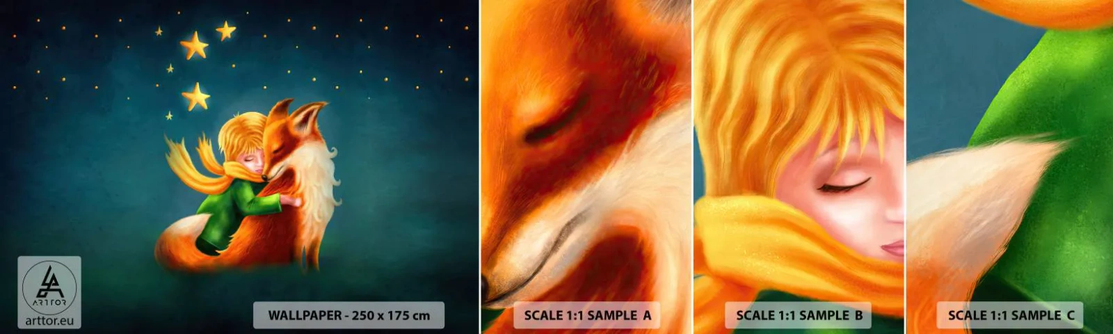 Vzorka samolepiacej fototapety Deluxe Sticker - Malý princ - Pre deti, Fox, Chlapec - 100x30 cm