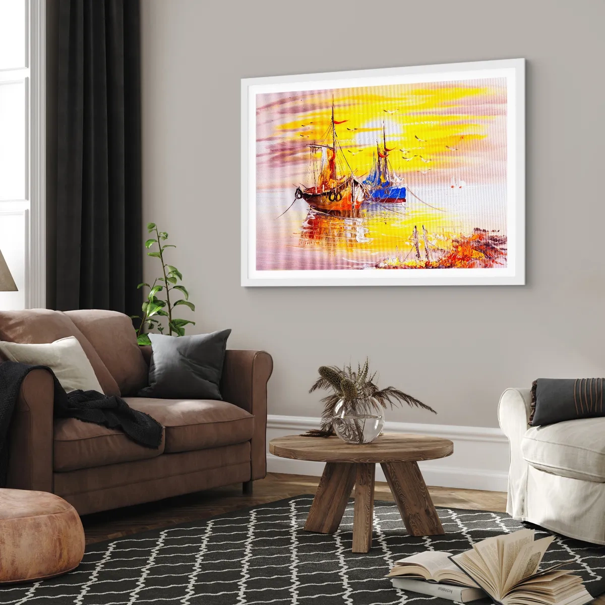 Plagát v bielom ráme - Zaslúžený odpočinok v prístave - 70x50 cm
