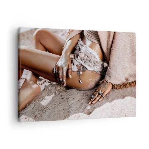 Obraz na plátne - Boho žena na pláži so šperkami - 70x50cm - Vyplavená na breh? - Moderná nástenná dekorácia do obývacej izby a spálne ARTTOR