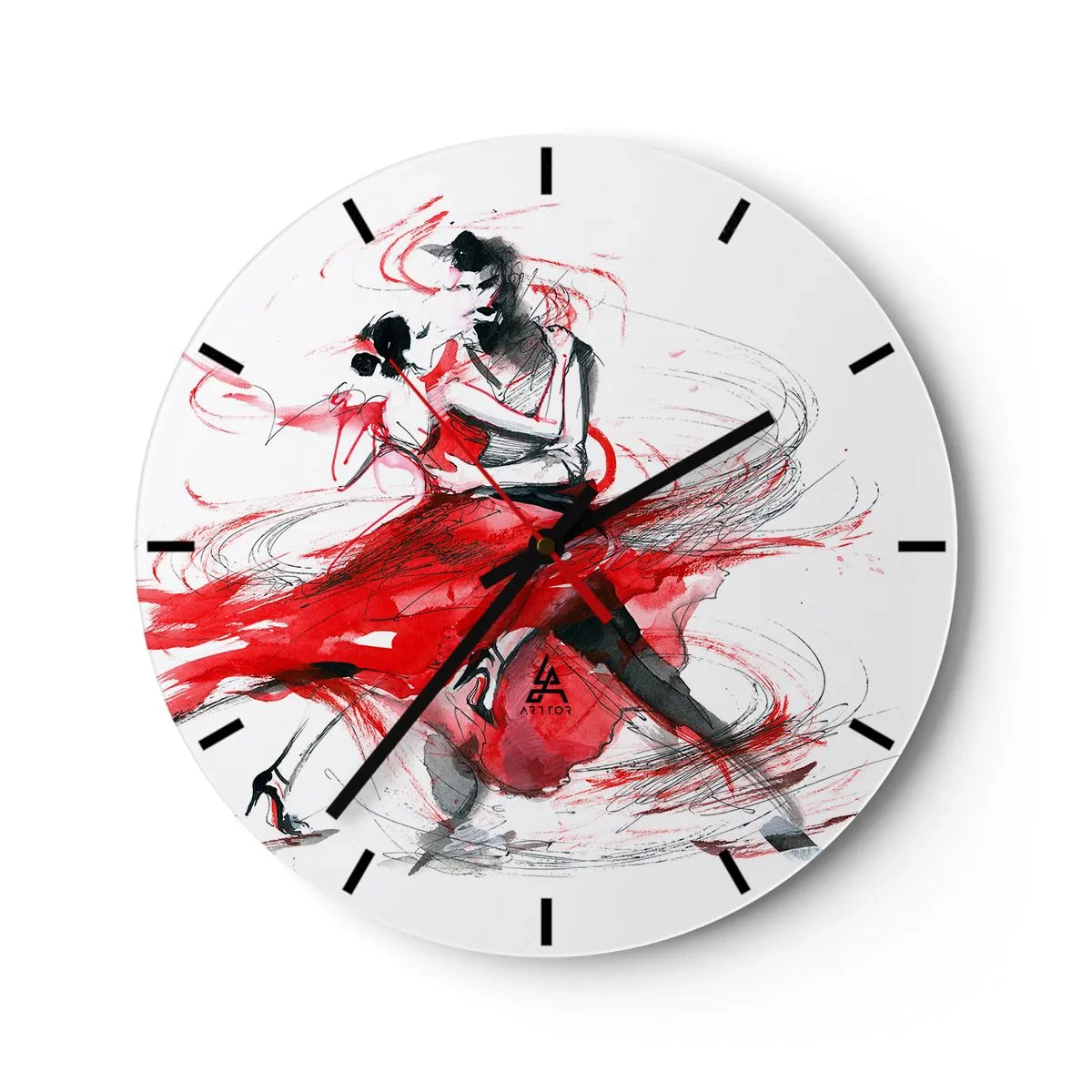 Nástenné hodiny - Tanečníci tanga v červených, dynamických akvarelových ťahoch - 30x30cm - Tango - rytmus náruživosťou - Moderná nástenná dekorácia do obývacej izby, kuchyne a spálne ARTTOR