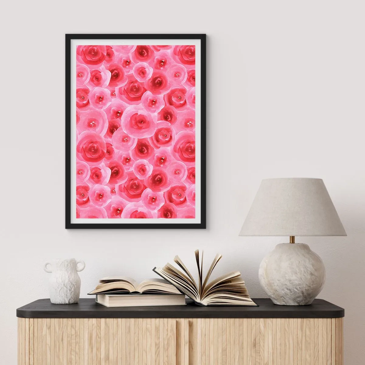 Plagát v čiernom ráme - Akvarelové ružové ruže v romantickom štýle - 50x70cm - Ruže dole aj hore - Moderná nástenná dekorácia do obývacej izby a spálne ARTTOR