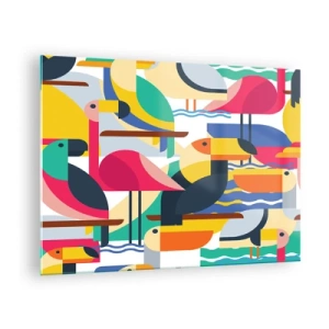 Obraz na skle - Abstraktná ilustrácia farebných vtákov v geometrickom štýle - 70x50cm - Vtáčia párty - Moderná nástenná dekorácia do obývacej izby a spálne ARTTOR