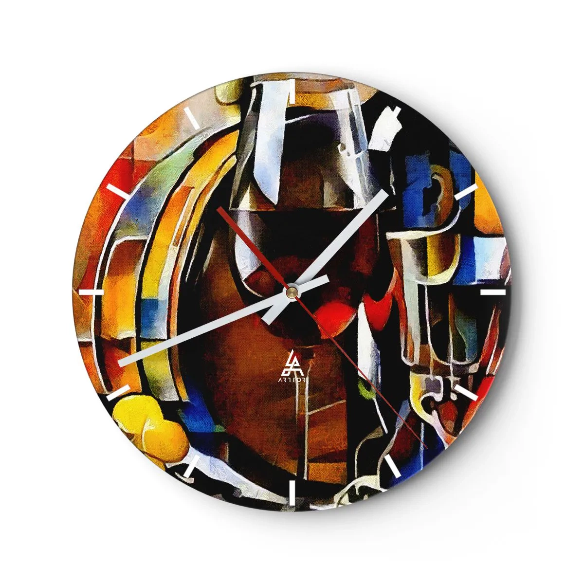 Nástenné hodiny - Abstraktné zátišie s okuliarmi a fľašou v intenzívnych farbách. - 30x30cm - Aj svet dostáva farby - Moderná nástenná dekorácia do obývacej izby, kuchyne a spálne ARTTOR