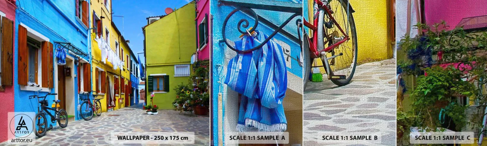 Vzorka fototapety Premium Canvas - Pastelové, sladké zákutia - Mesto, Bicykle, Ulička - 100x30 cm