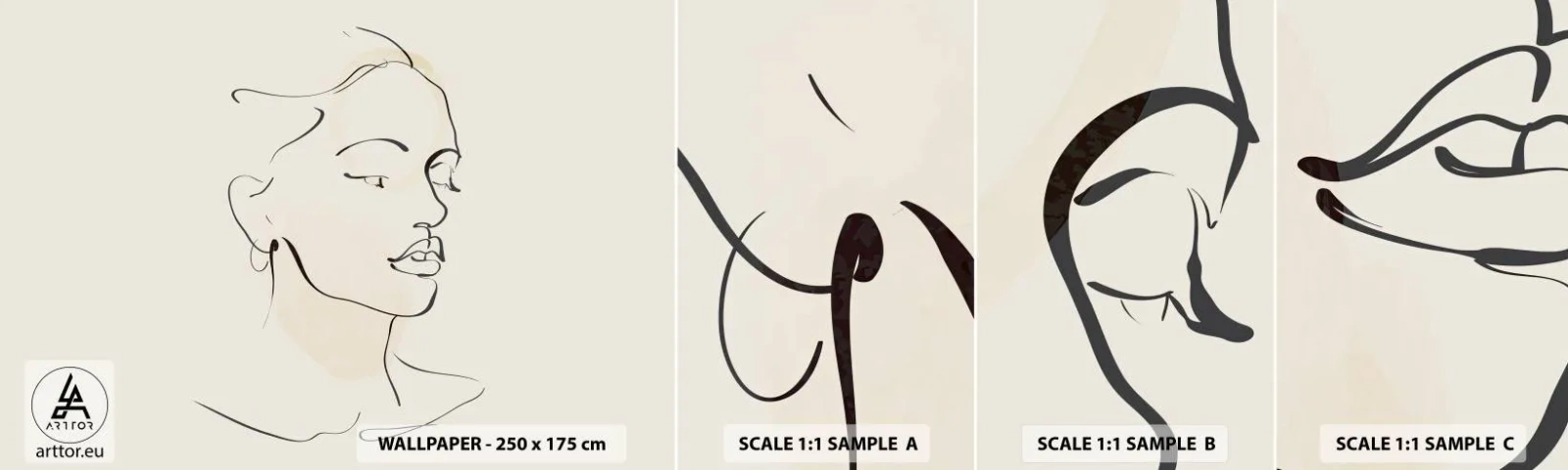 Vzorka samolepiacej fototapety Deluxe Sticker - Výrazným ťahom - Abstrakcia, Ženská tvár, Čiarové umenie - 100x30 cm