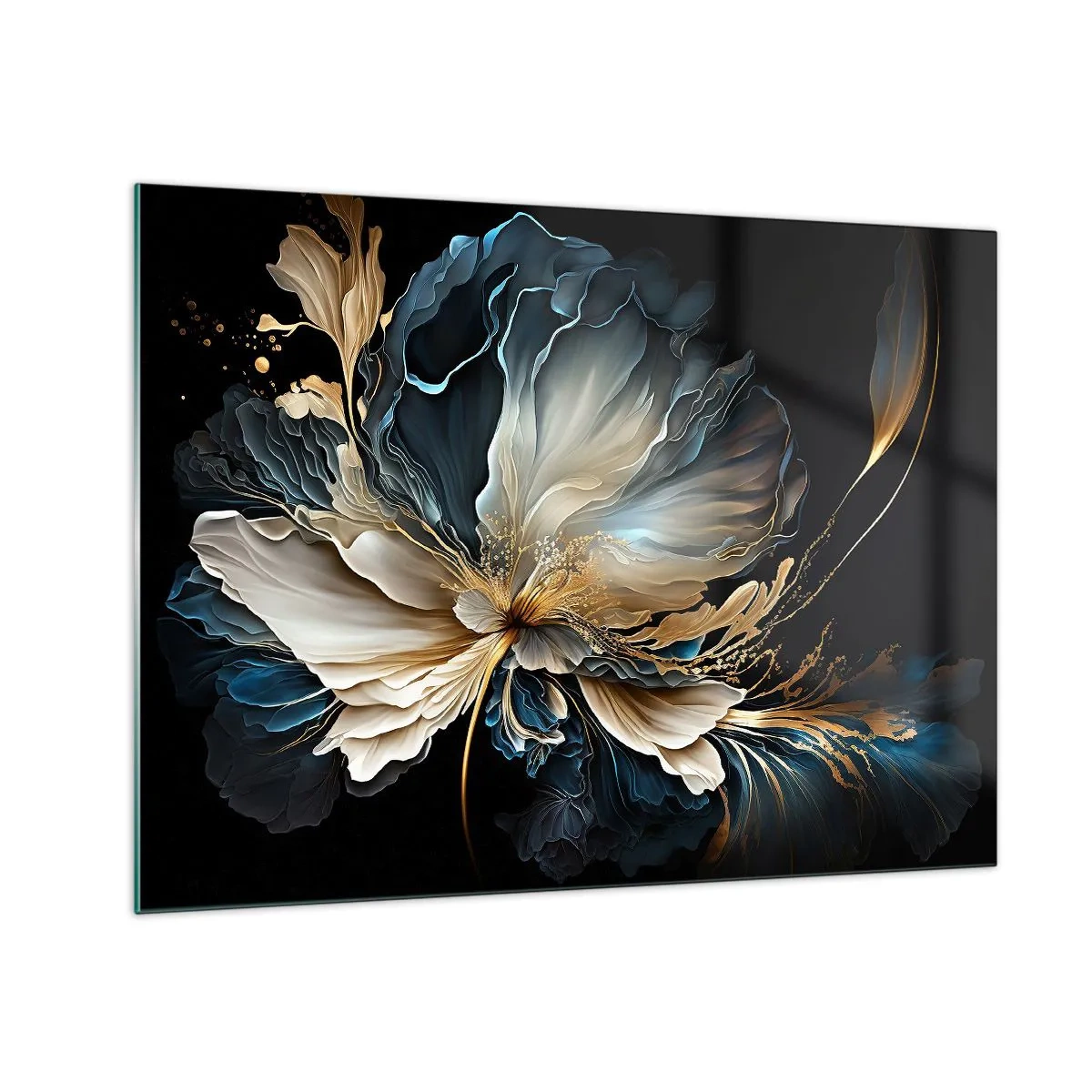Obraz na skle - Elegantný kvet v odtieňoch zlatej, tmavomodrej a béžovej na čiernej podkladovej ploche - 70x50cm - Rozprávkový kvet papradia - Moderná nástenná dekorácia do obývacej izby a spálne ARTTOR