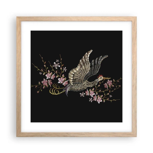 Plagát v ráme zo svetlého duba - Exotický vyšívaný vták - 40x40 cm