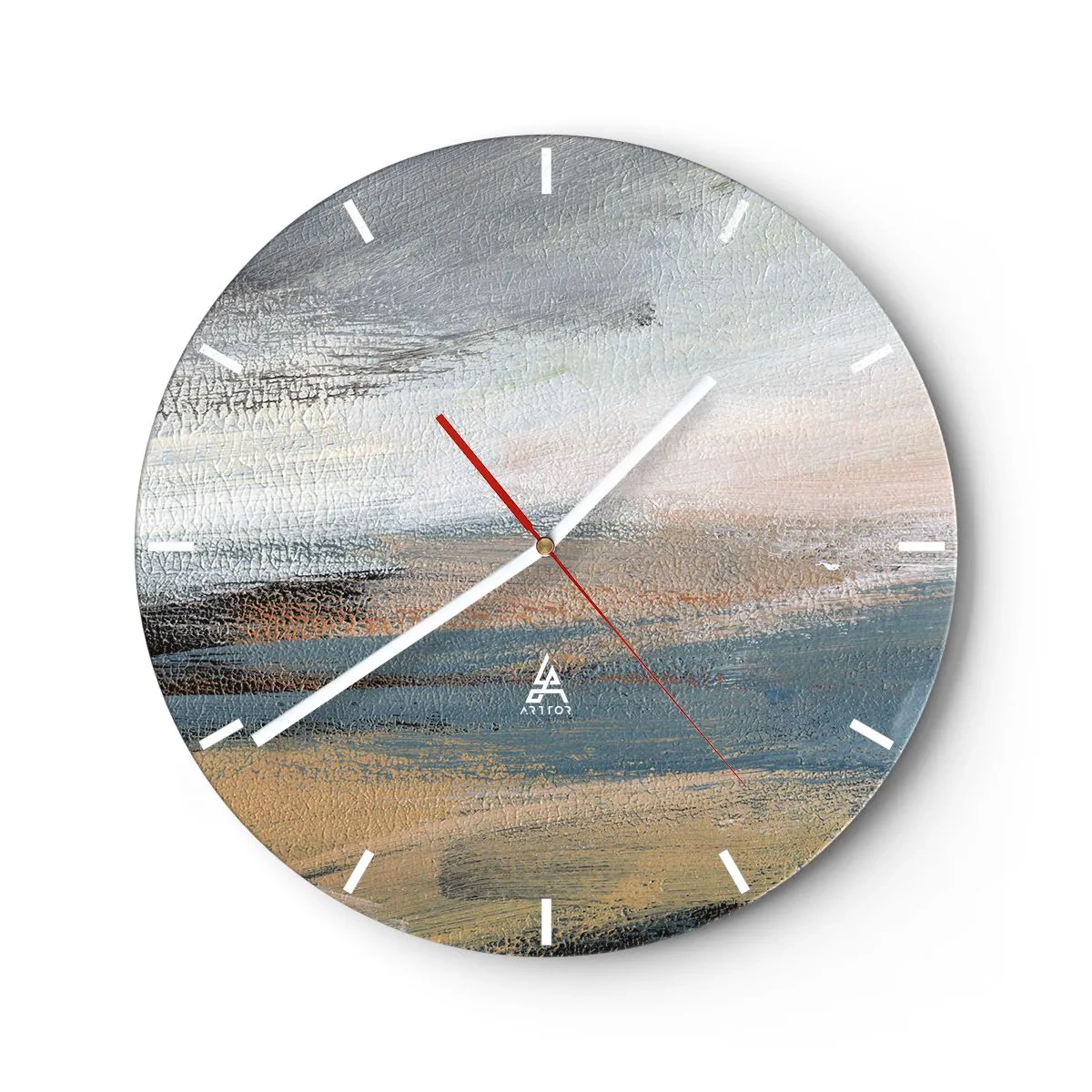 Nástenné hodiny - Maliarska abstrakcia pripomínajúca krajinu v chladných tónoch. - 30x30cm - Abstrakcia: severná krajina - Moderná nástenná dekorácia do obývacej izby, kuchyne a spálne ARTTOR