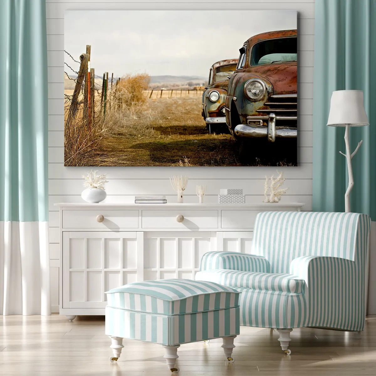 Obraz na plátne - Dve staré autá na prašnej ceste vedľa dreveného plota - 70x50cm - Zaslúžený odpočinok - Moderná nástenná dekorácia do obývacej izby a spálne ARTTOR