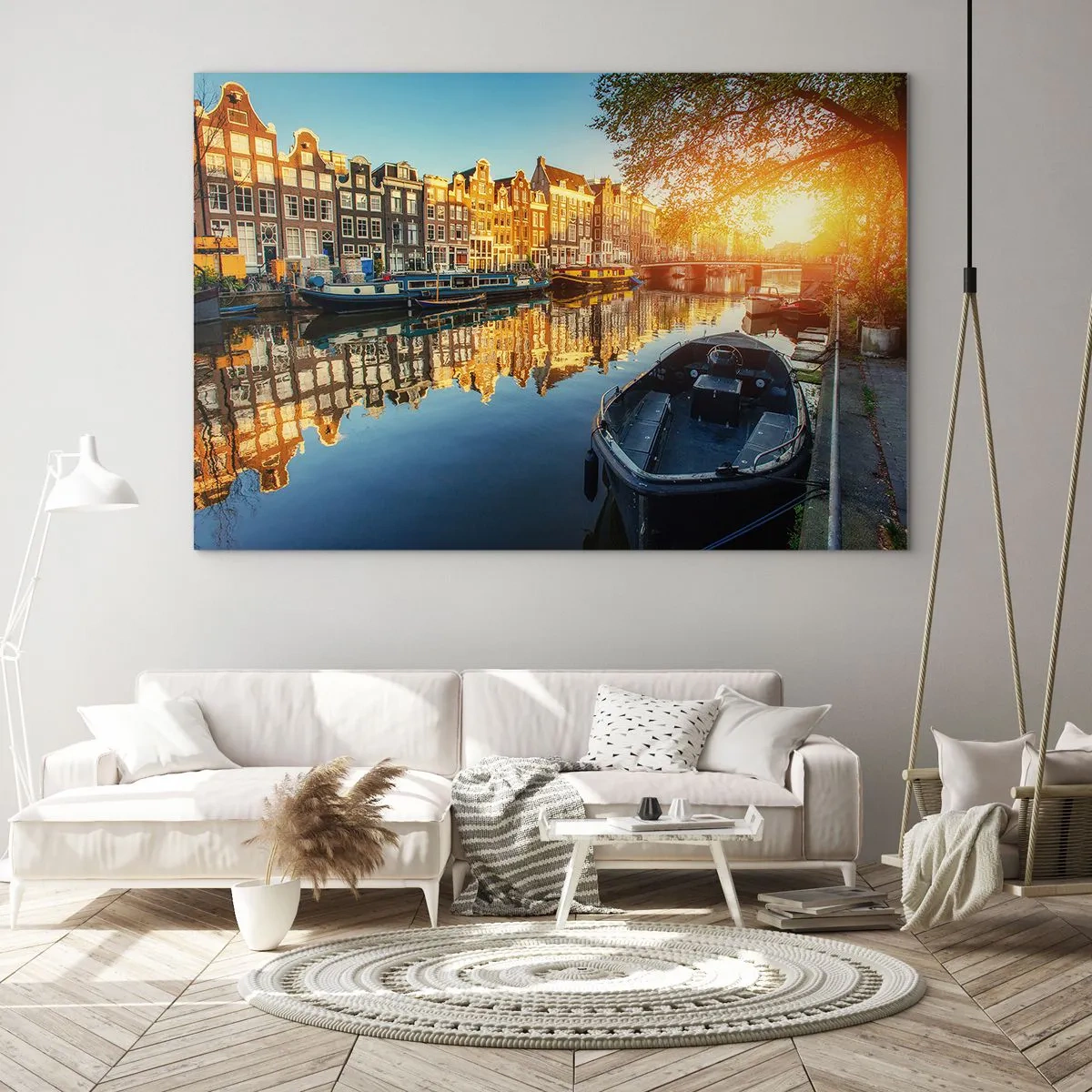 Obraz na skle - Amsterdamský kanál pri západe slnka - 70x50cm - Ráno v Amsterdame - Moderná nástenná dekorácia do obývacej izby a spálne ARTTOR