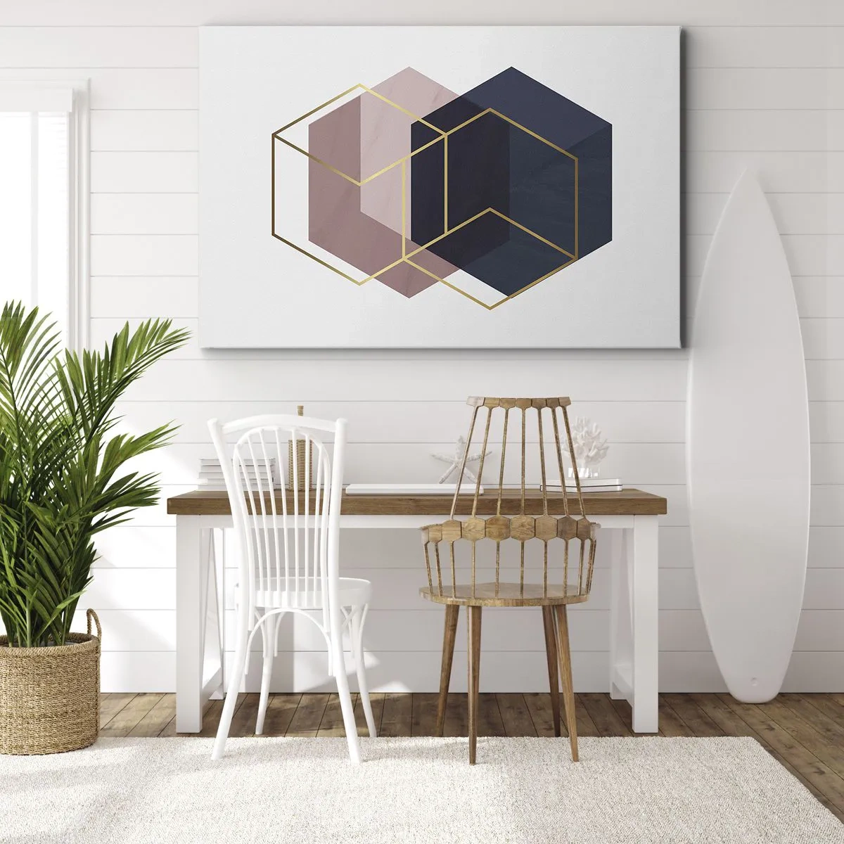 Obraz na plátne - Geometrické tvary v zlatých líniách na pastelovom pozadí - 70x50cm - Sila jednoduchosti - Moderná nástenná dekorácia do obývacej izby a spálne ARTTOR
