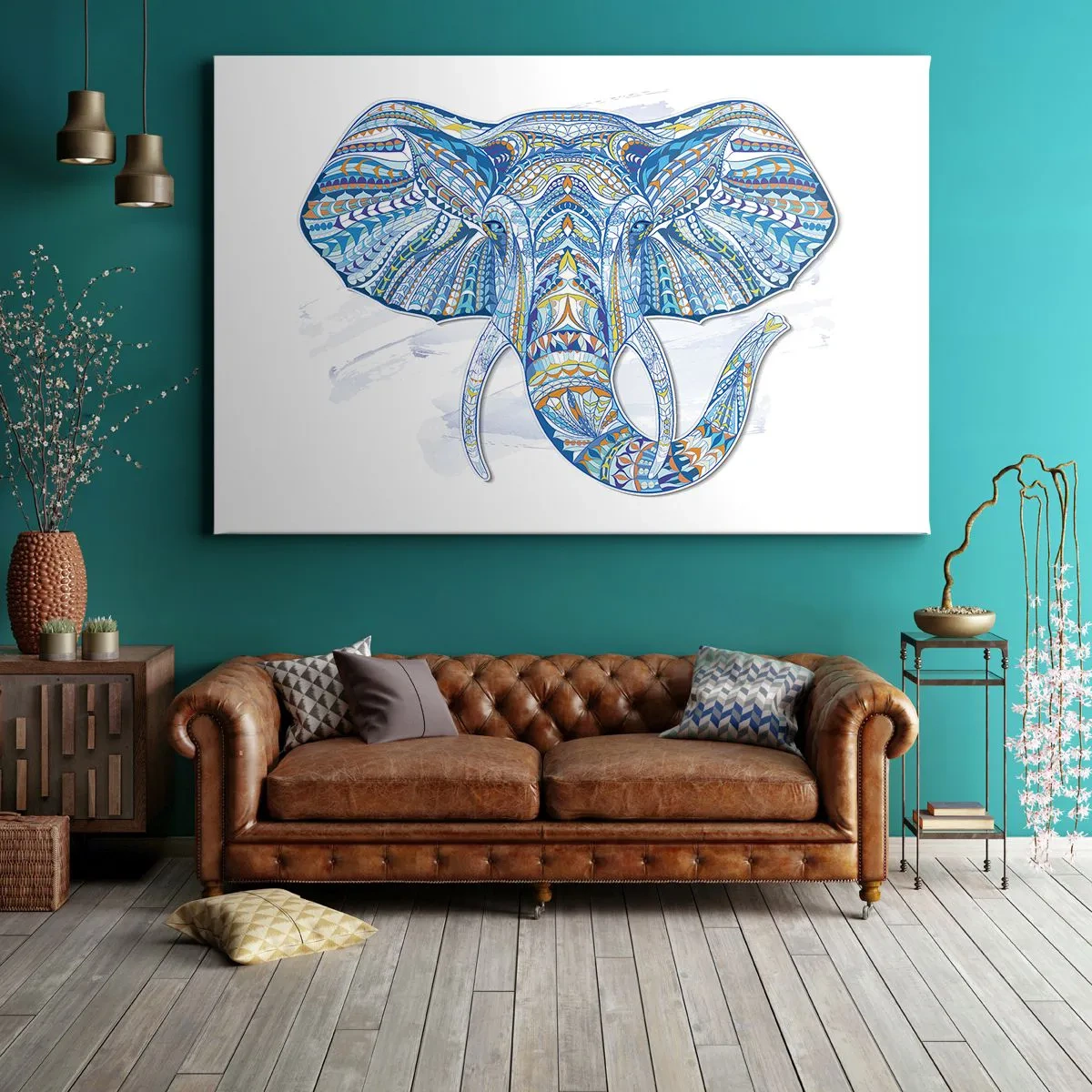 Obraz na plátne - Geometrický slon v odtieňoch modrej a zlatej - 70x50cm - Vykladaný zlatom a modrou - Moderná nástenná dekorácia do obývacej izby a spálne ARTTOR