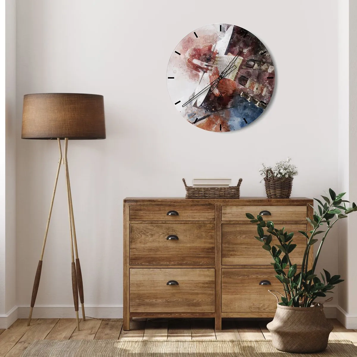 Nástenné hodiny - Umelecký akvarelový gitarový motív - 30x30cm - Čo si o tom myslíš? - Moderná nástenná dekorácia do obývacej izby, kuchyne a spálne ARTTOR