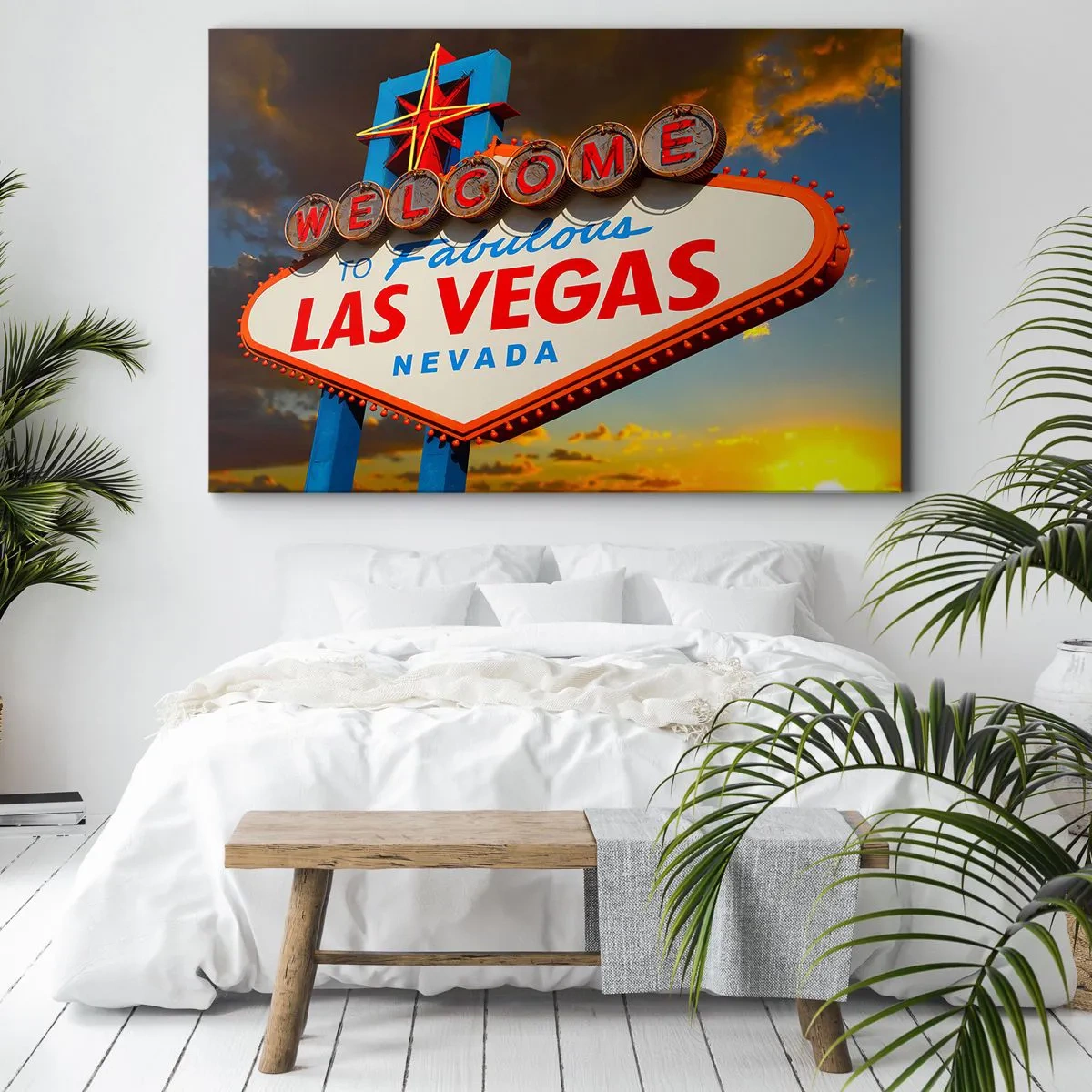 Obraz na plátne - Slávny nápis Vitajte v úžasnom Las Vegas pri západe slnka - 70x50cm - Po úsmev osudu - Moderná nástenná dekorácia do obývacej izby a spálne ARTTOR