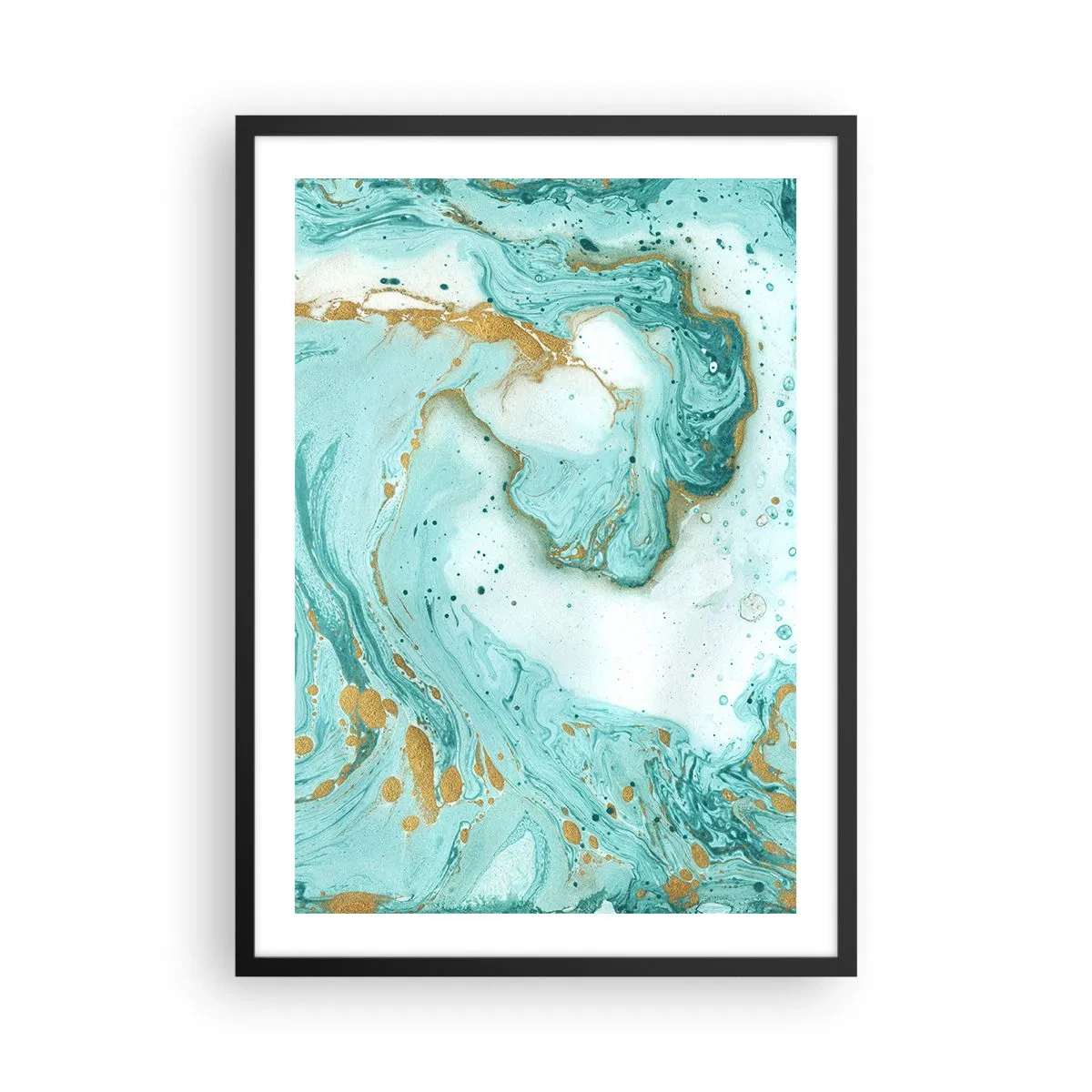 Plagát v čiernom ráme - Tyrkysová a zlatá abstrakcia v mramorovom štýle - 50x70cm - Pod veľkou vlnou z epochy Edo - Moderná nástenná dekorácia do obývacej izby a spálne ARTTOR