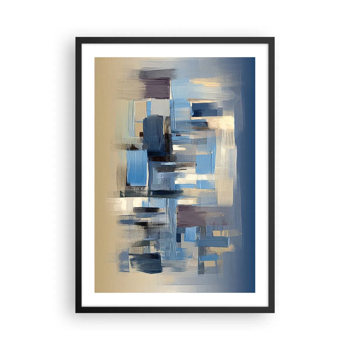 Plagát v čiernom ráme - Abstraktná geometrická kompozícia v odtieňoch modrej - 50x70cm - Modrá konštrukcia - Moderná nástenná dekorácia do obývacej izby a spálne ARTTOR