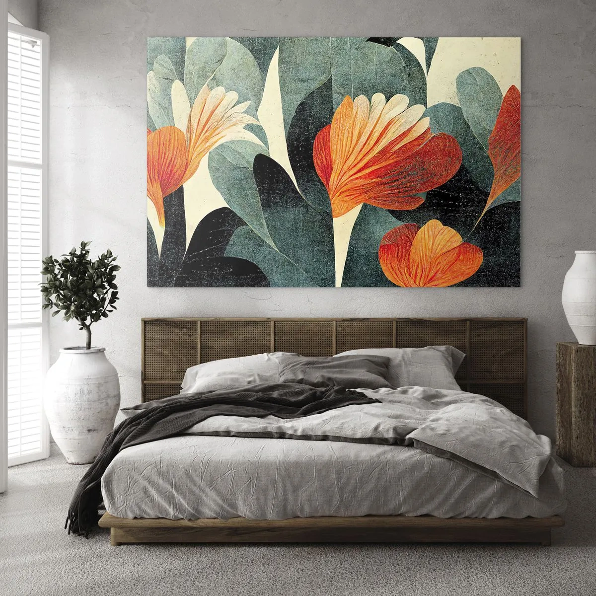 Obraz na skle - Oranžové kvety na pozadí tmavozelených listov - 70x50cm - Tropické horúco a chlad zelene - Moderná nástenná dekorácia do obývacej izby a spálne ARTTOR