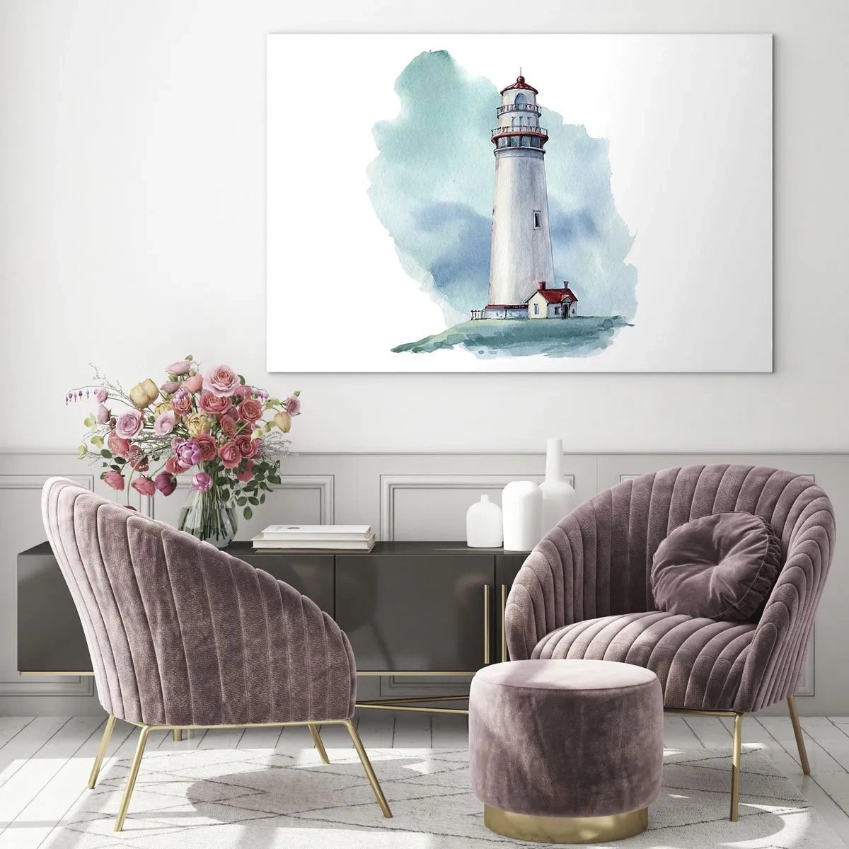 Obraz na skle - Maják proti modrej akvarelovej oblohe - 70x50cm - Nežná sestra blankytu - Moderná nástenná dekorácia do obývacej izby a spálne ARTTOR