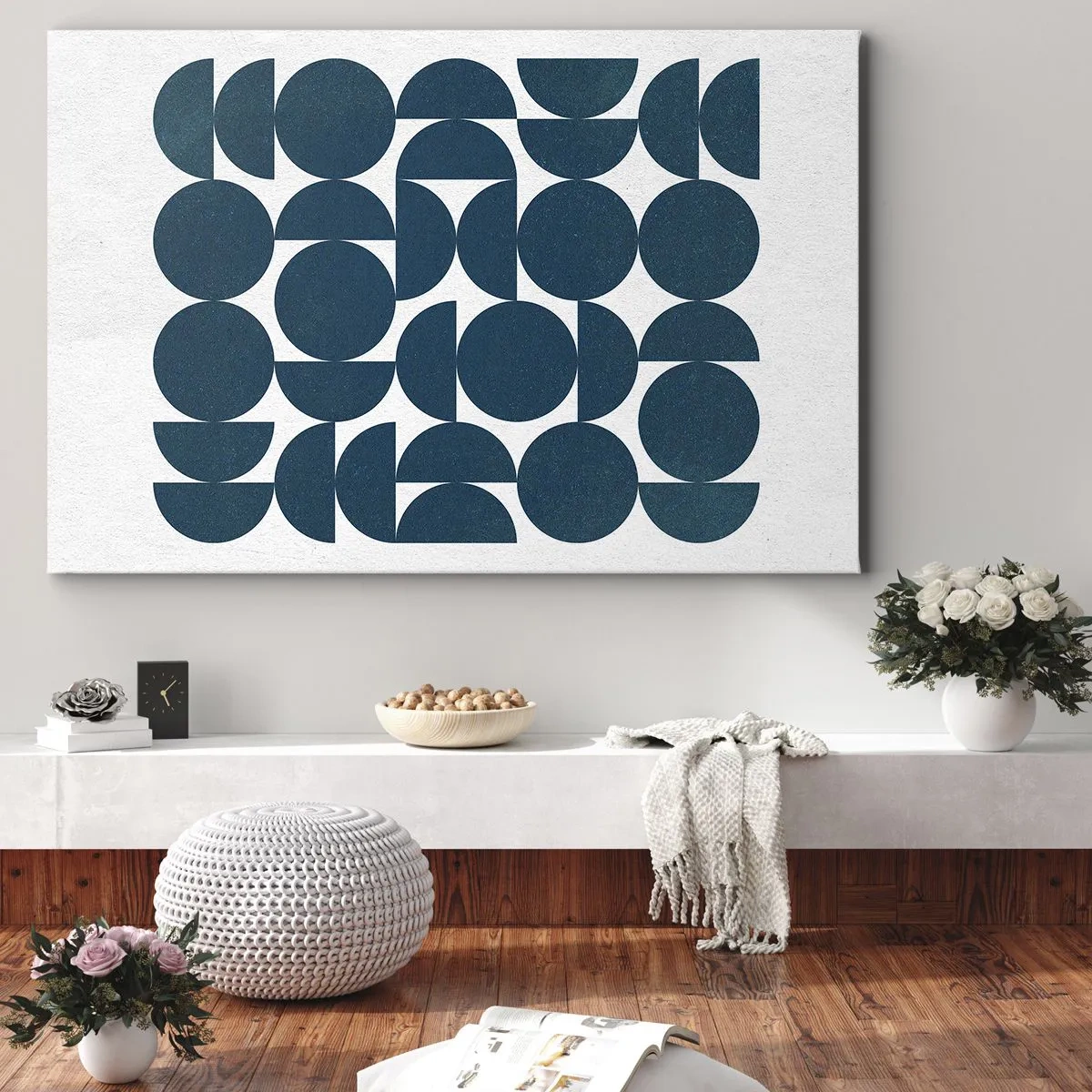 Obraz na plátne - Geometrické tvary v odtieňoch námorníckej modrej na bielom pozadí - 70x50cm - Kruhy a polkruhy - Moderná nástenná dekorácia do obývacej izby a spálne ARTTOR