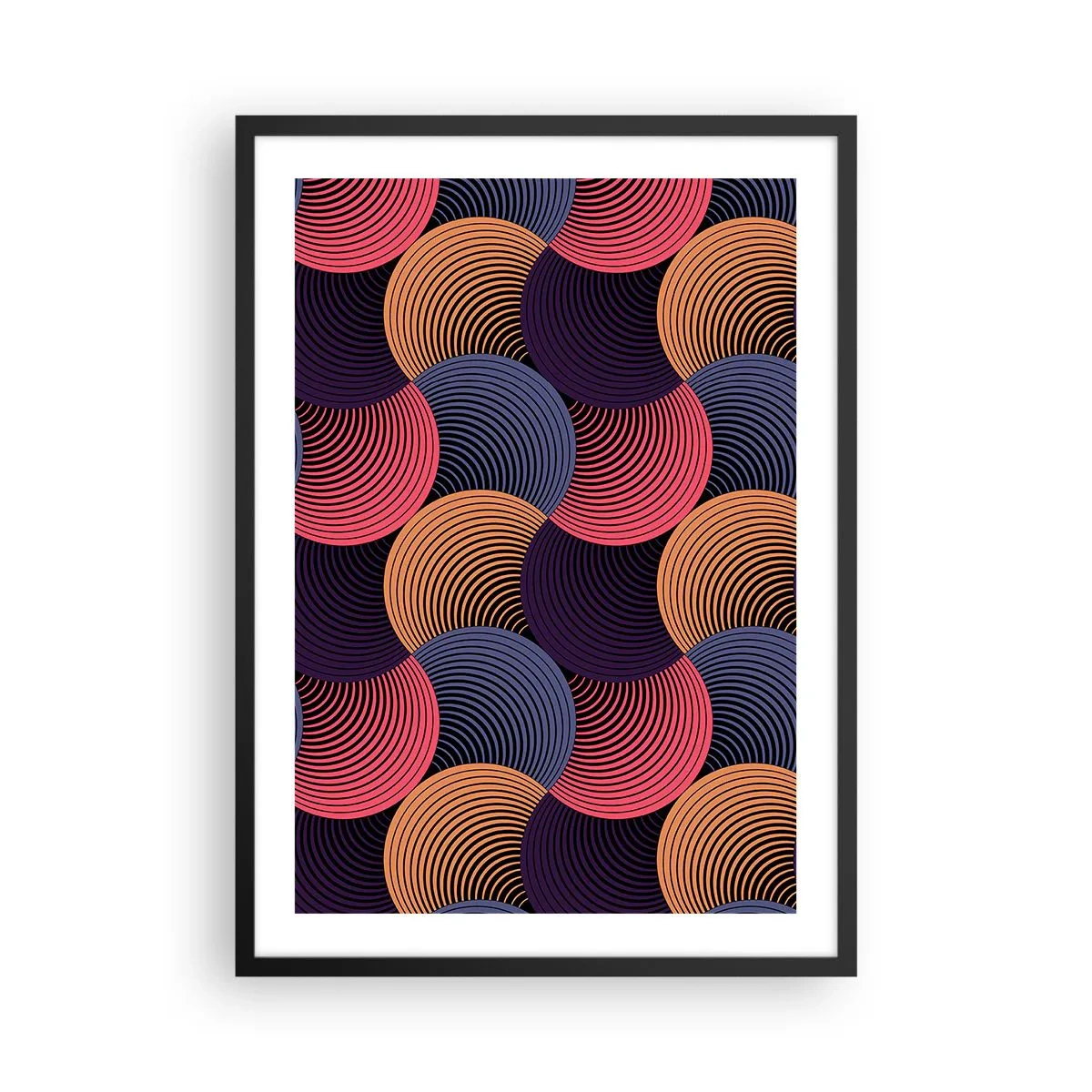 Plagát v čiernom ráme - Geometrický vzor s farebnými sústrednými kruhmi - 50x70cm - V kruhovom rytme - Moderná nástenná dekorácia do obývacej izby a spálne ARTTOR