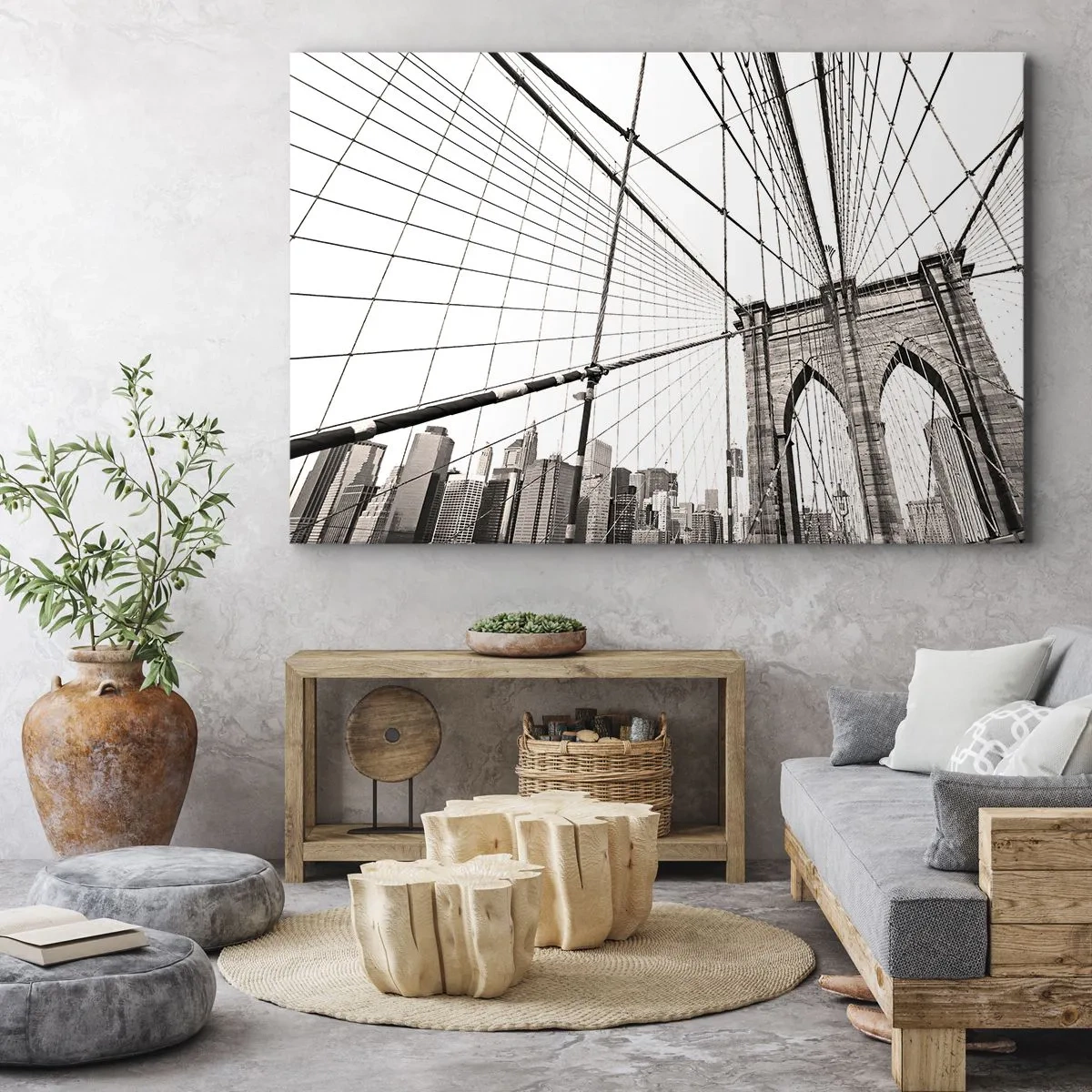 Obraz na plátne - Brooklynský most v monochromatickom štýle - 70x50cm - Newyorská katedrála - Moderná nástenná dekorácia do obývacej izby a spálne ARTTOR
