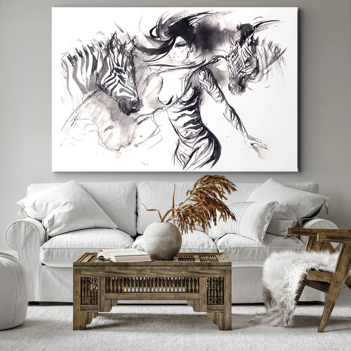Obraz na plátne - Žena v dynamickom tanci so zebrami v čiernobielej estetike - 70x50cm - Tancujúca so zebrami - Moderná nástenná dekorácia do obývacej izby a spálne ARTTOR
