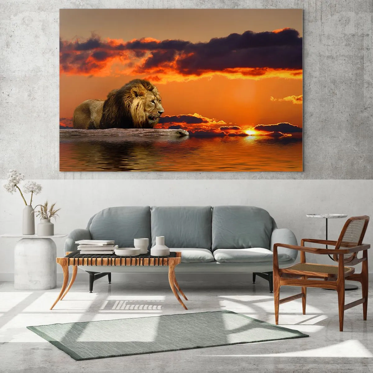 Obraz na skle - Lev na pozadí zapadajúceho slnka - 70x50cm - Kráľ prírody - Moderná nástenná dekorácia do obývacej izby a spálne ARTTOR