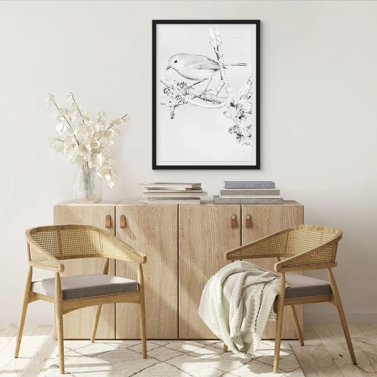 Plagát v čiernom ráme - Čiernobiela kresba vtáka na konári - 50x70cm - Zimné ráno - Moderná nástenná dekorácia do obývacej izby a spálne ARTTOR
