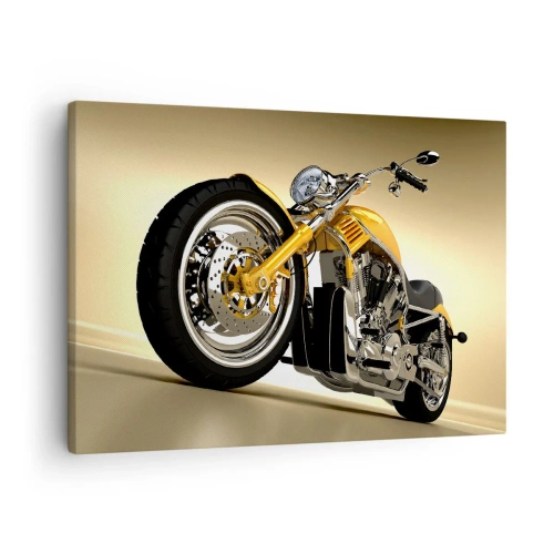 Obraz na plátne - Žltý motocykel v štýle chopperu oproti béžovej stene - 70x50cm - Sen o sile a rýchlosti - Moderná nástenná dekorácia do obývacej izby a spálne ARTTOR