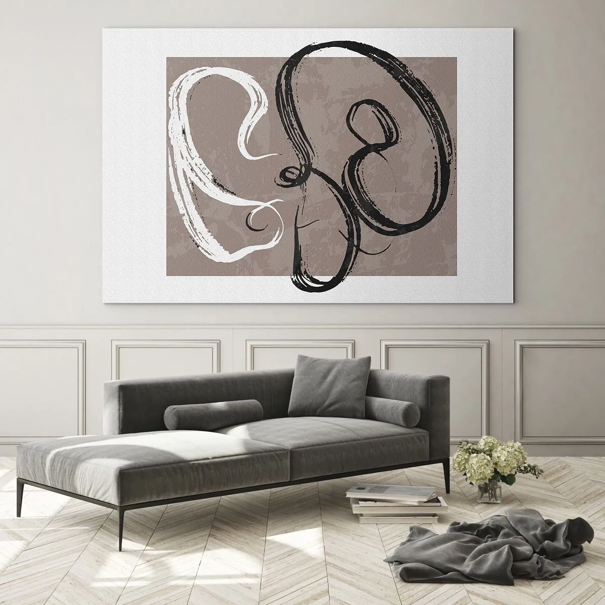 Obraz na skle - Dynamické ťahy štetcom v čiernej a bielej farbe na béžovom pozadí. - 70x50cm - Kompozícia – hľadanie úplnosti - Moderná nástenná dekorácia do obývacej izby a spálne ARTTOR