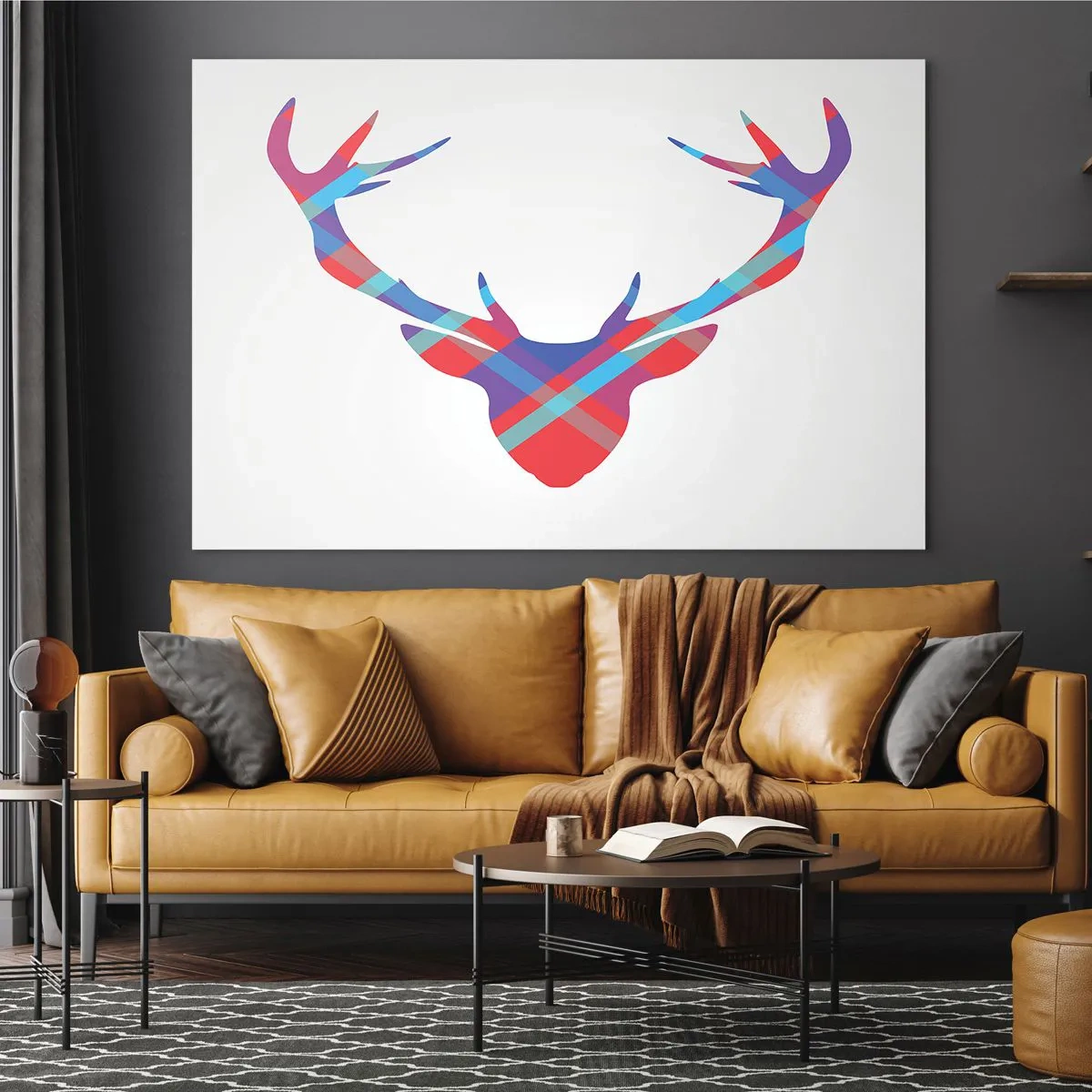 Obraz na skle - Geometrický obraz jeleňa v pastelových farbách - 70x50cm - Škótsky jeleň - Moderná nástenná dekorácia do obývacej izby a spálne ARTTOR