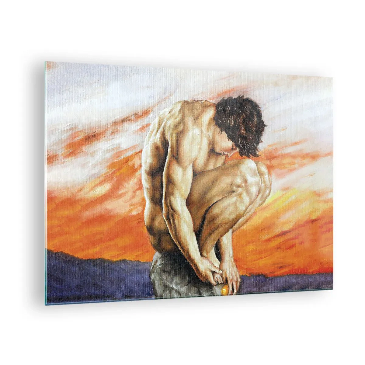 Obraz na skle - Nahé ľudské telo na pozadí intenzívne oranžovej oblohy. - 70x50cm - Ponorený do seba - Moderná nástenná dekorácia do obývacej izby a spálne ARTTOR