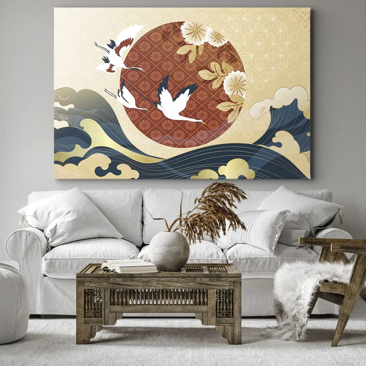 Obraz na plátne - Japonská kompozícia so žeriavmi a vlnami - 70x50cm - Japonská rozprávka - Moderná nástenná dekorácia do obývacej izby a spálne ARTTOR