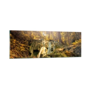 Obraz na skle - Lesný vodopád v zeleni - 90x30 cm