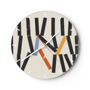 Nástenné hodiny - Farebné a čierne domino kocky na svetlom pozadí v grafickom rozložení - 30x30cm - Domino – kompozícia - Moderná nástenná dekorácia do obývacej izby, kuchyne a spálne ARTTOR