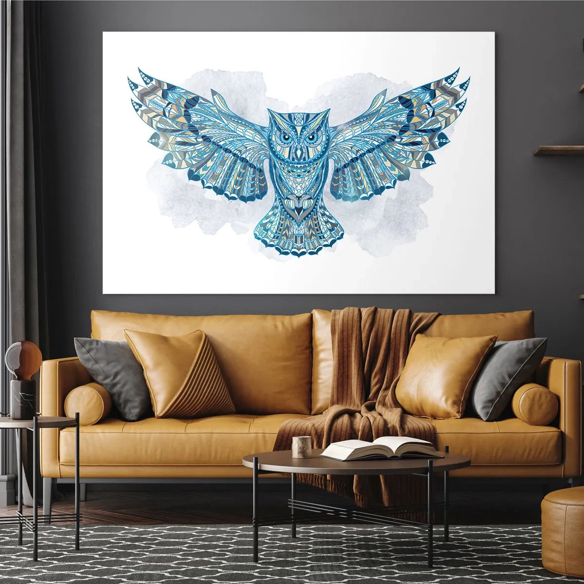 Obraz na skle - Modrá sova s rozprestretými krídlami v geometrickom štýle - 70x50cm - Z keltského posvätného hája - Moderná nástenná dekorácia do obývacej izby a spálne ARTTOR