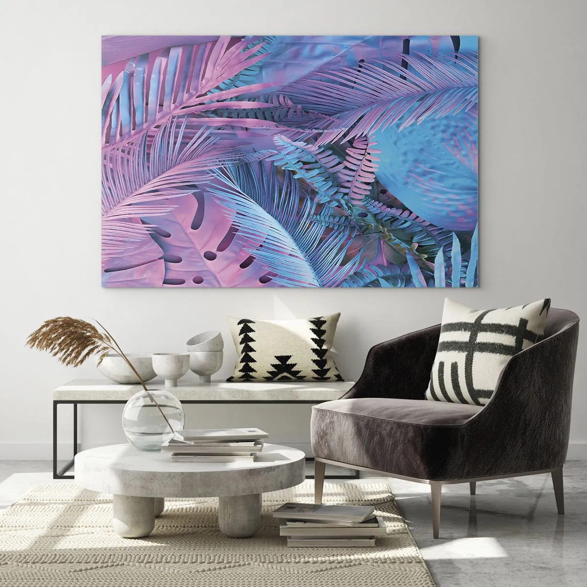 Obraz na skle - Tropické listy v odtieňoch ružovej a modrej na neónovom pozadí - 70x50cm - Tropy v ružovej a modrej - Moderná nástenná dekorácia do obývacej izby a spálne ARTTOR
