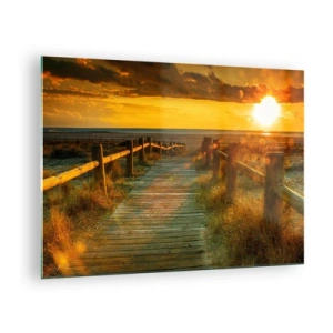 Obraz na skle - Drevený chodník vedúci k zapadajúcemu slnku - 70x50cm - Vykúpané v starom zlate - Moderná nástenná dekorácia do obývacej izby a spálne ARTTOR