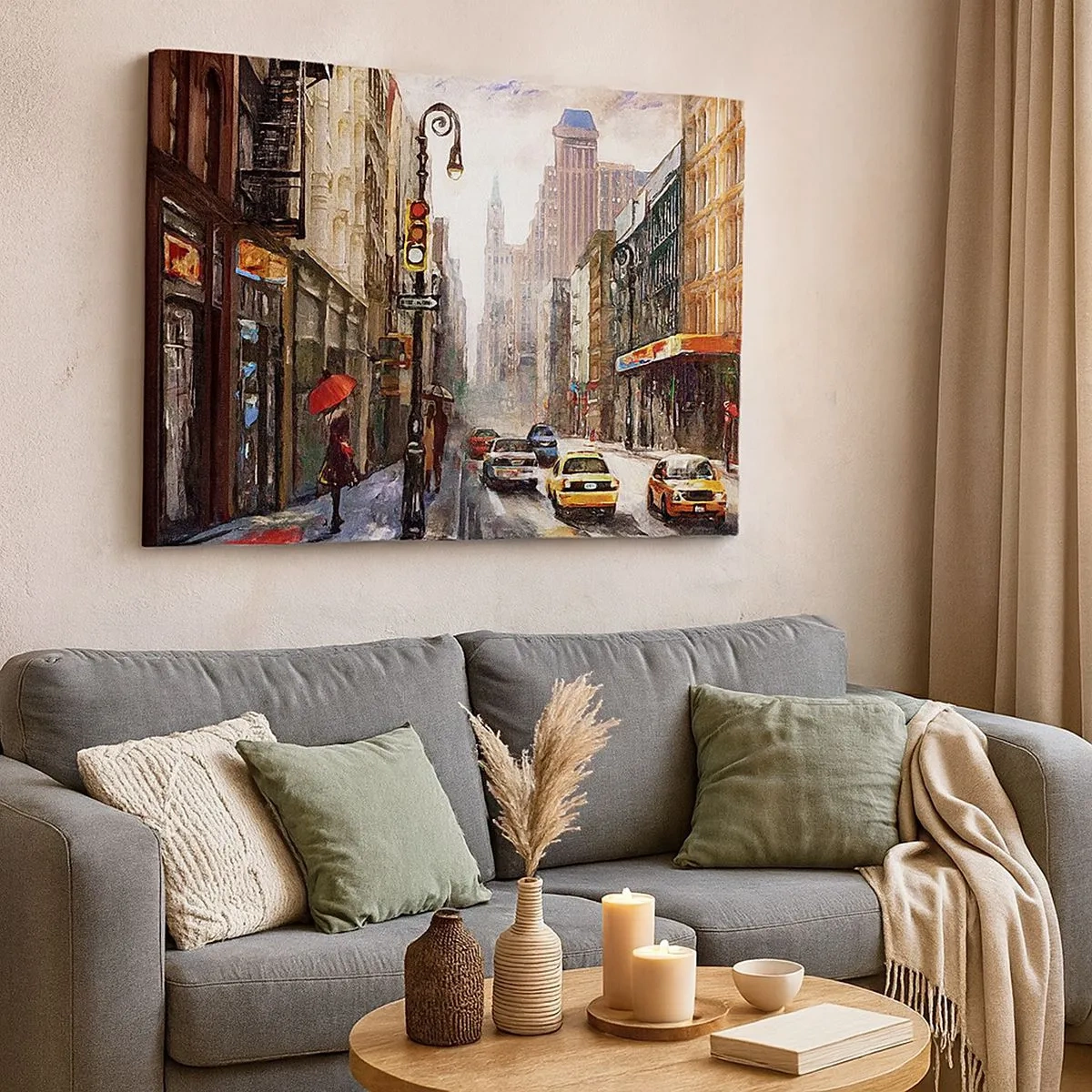 Obraz na plátne - Panoráma mesta s ulicou a žltými taxíkmi - 70x50cm - New York – farebný aj v daždi - Moderná nástenná dekorácia do obývacej izby a spálne ARTTOR