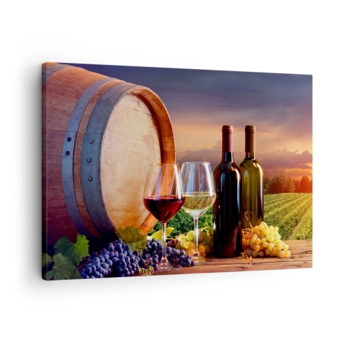 Obraz na plátne - Víno, poháre a sud v malebnej krajine - 70x50cm - Tu má život chuť - Moderná nástenná dekorácia do obývacej izby a spálne ARTTOR