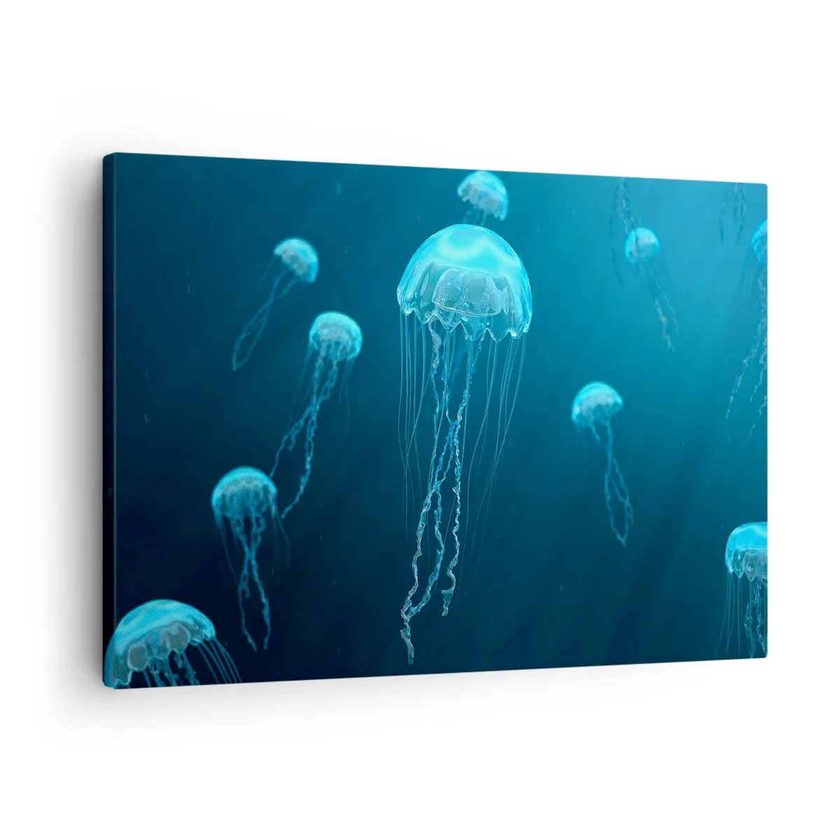 Obraz na plátne - Medúzy plávajúce v hlbinách oceánu v modrých tónoch - 70x50cm - Oceánsky tanec - Moderná nástenná dekorácia do obývacej izby a spálne ARTTOR