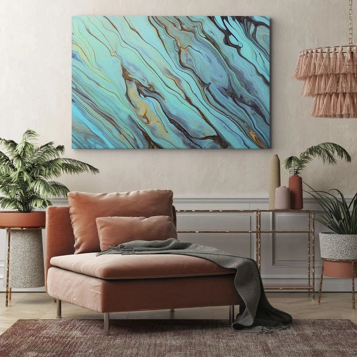 Obraz na plátne - Abstraktné vlny v odtieňoch tyrkysovej a zlatej - 70x50cm - Tyrkysový príliv - Moderná nástenná dekorácia do obývacej izby a spálne ARTTOR
