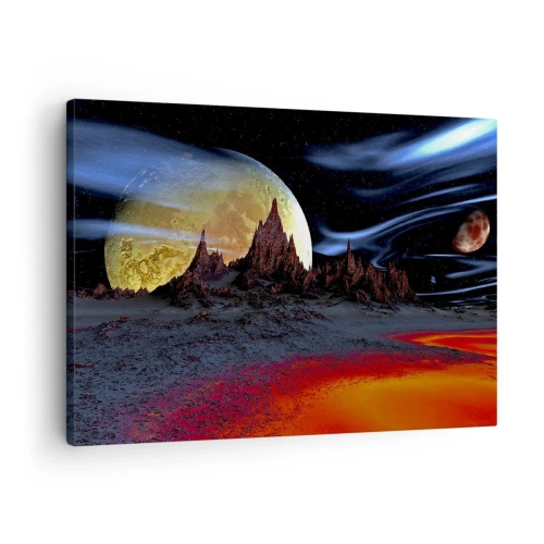 Obraz na plátne - Fantastická krajina s planétami a sopečnou scenériou - 70x50cm - Neznámy svet - Moderná nástenná dekorácia do obývacej izby a spálne ARTTOR